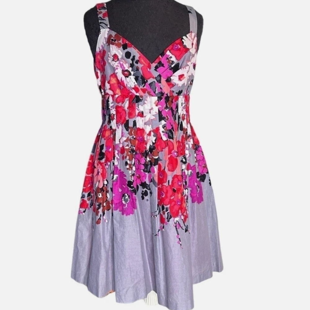 Evan Picone Floral Pleated Sweetheart Neckline Lightweight Cotton Lined Dress 16